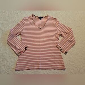 Boden women's size 4 3/4 sleve pink & white stripe with floral trim shirt VGUC